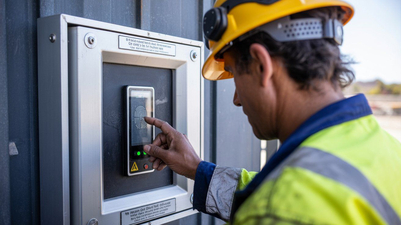 Primer plano de trabajador escaneando huella digital en lector biométrico para ingresar a una faena minera