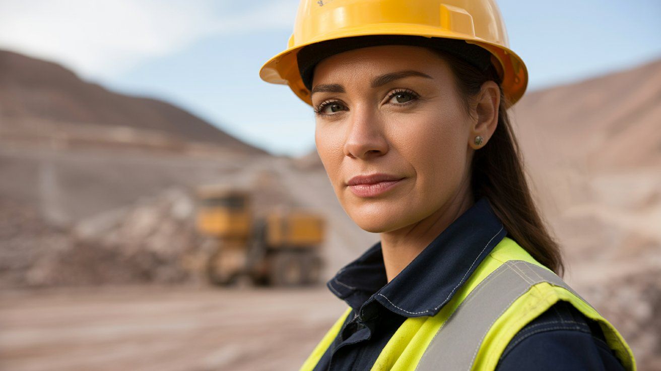Trabajadora de la industria minera con casco y equipo de seguridad