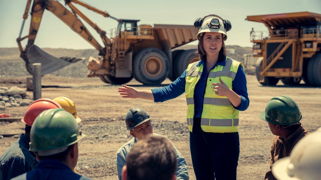 Mujer supervisora liderando equipo de trabajadores en una operación minera