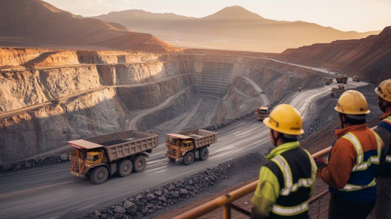 Operación minera a cielo abierto en el desierto de Atacama con trabajadores y maquinaria pesada, ejemplo de seguridad estratégica en minería